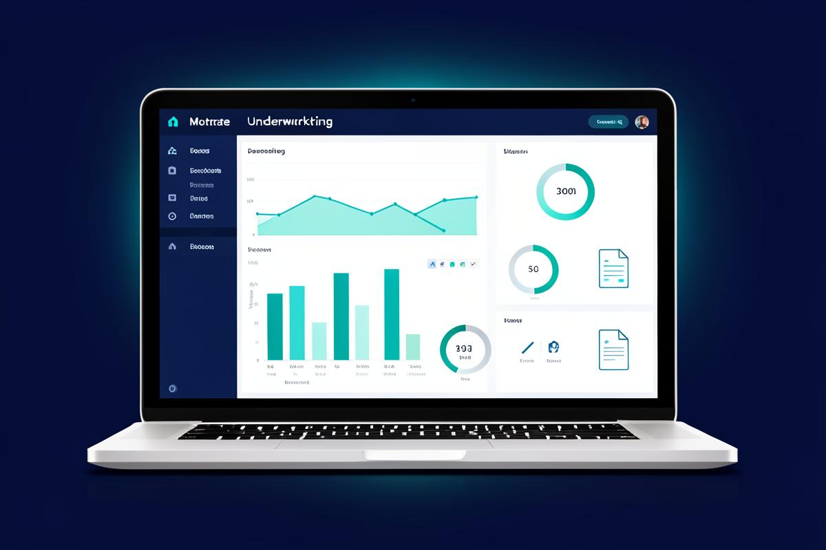Mortgage underwriting dashboard with charts and score gauges on a laptop