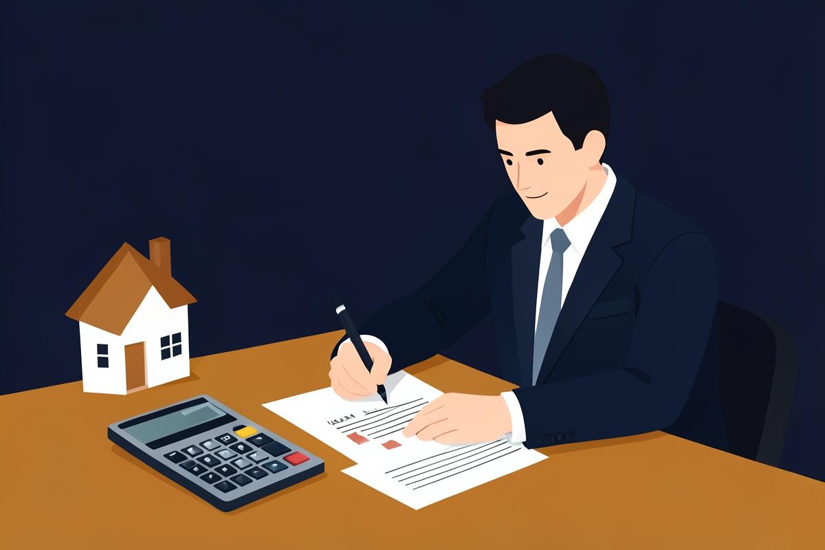 Applicant signing mortgage paperwork with a house model and calculator